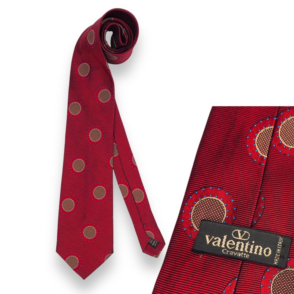 VTG Valentino Cravatte Mens Burgundy Silk Necktie Neck Tie Dots Valentine's Day